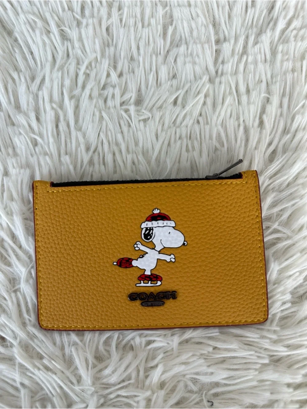 COACH Peanuts Snoopy Zip Card Case - Yellow Leather Wallet for Cards & Coins